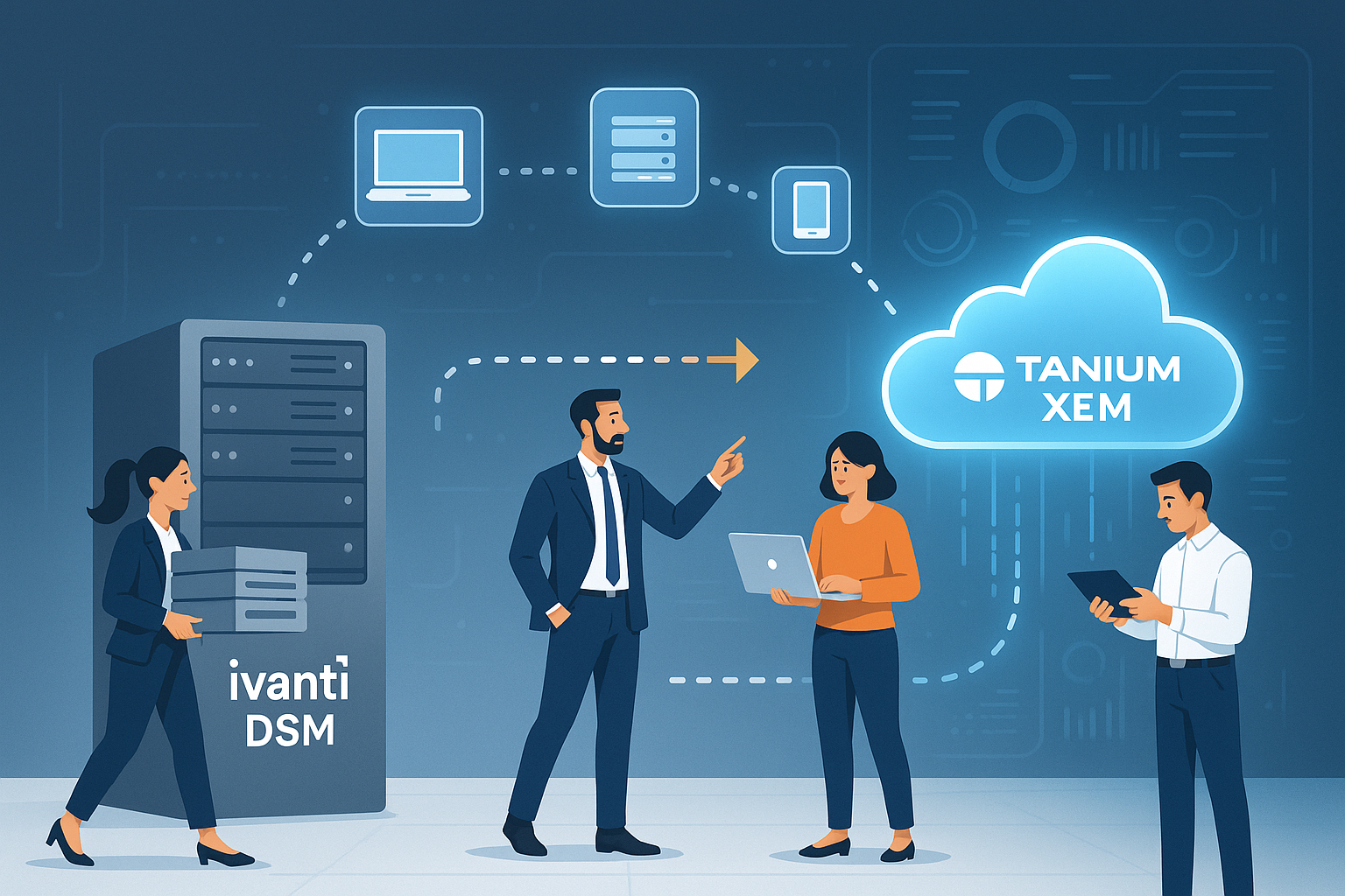 A modern IT migration visual concept: A team of professionals transitioning from an outdated infrastructure labeled 'Ivanti DSM' to a sleek, secure, cloud-based platform labeled 'Tanium XEM'.